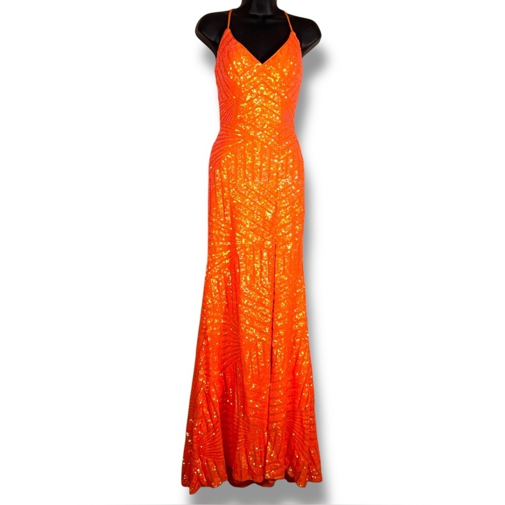 XXS Orange Sequin Custom Made Formal Evening Gown Prom Pageant Glam Vibrant